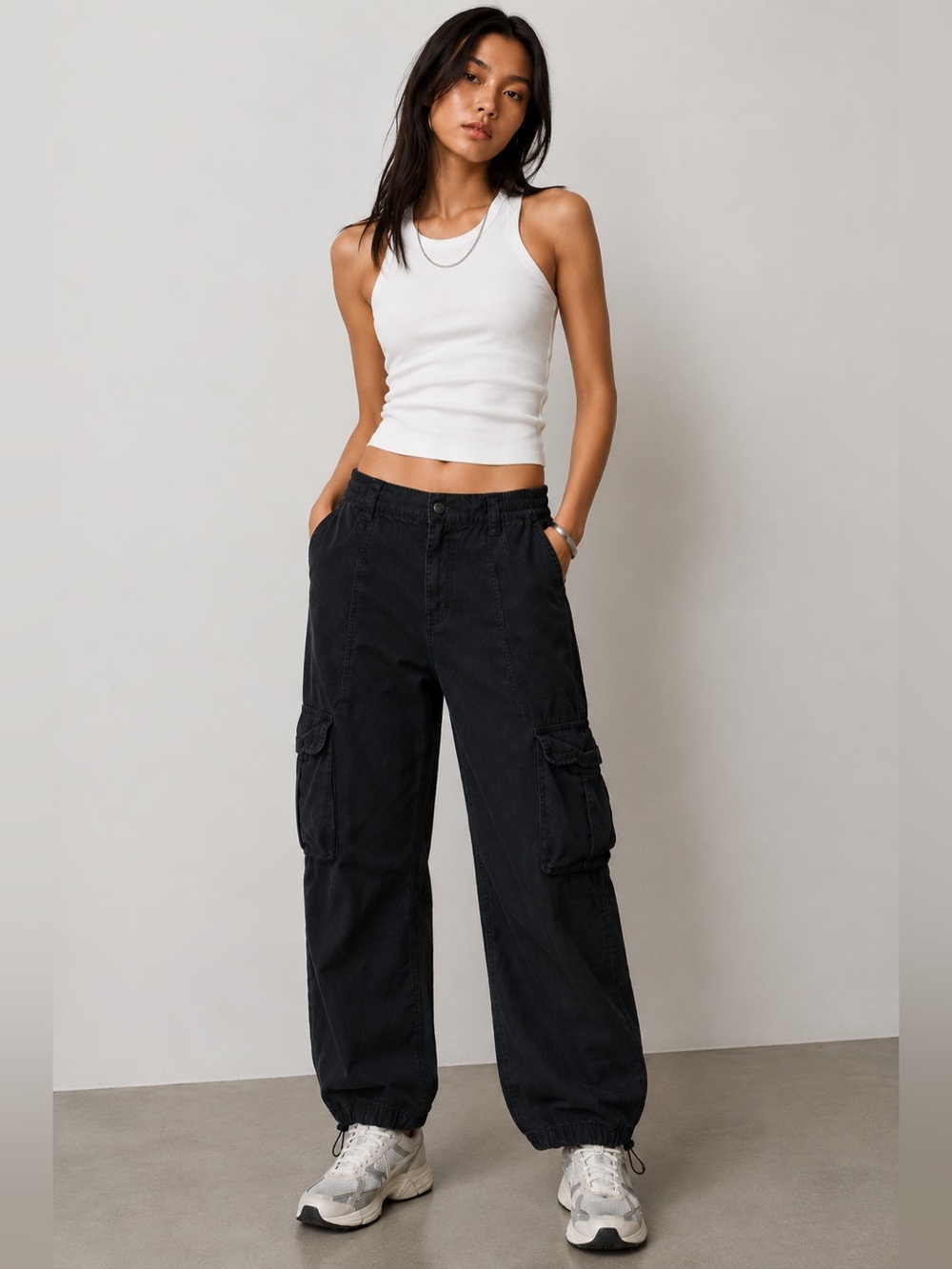 H&M Black Cotton Cargo Jogger Pants Size 8 Utility Parachute Style
